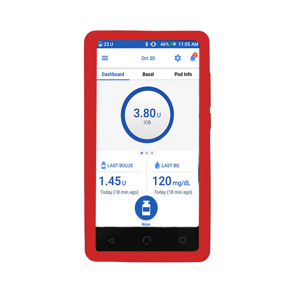 Omnipod Dash with a red gel skin on it.