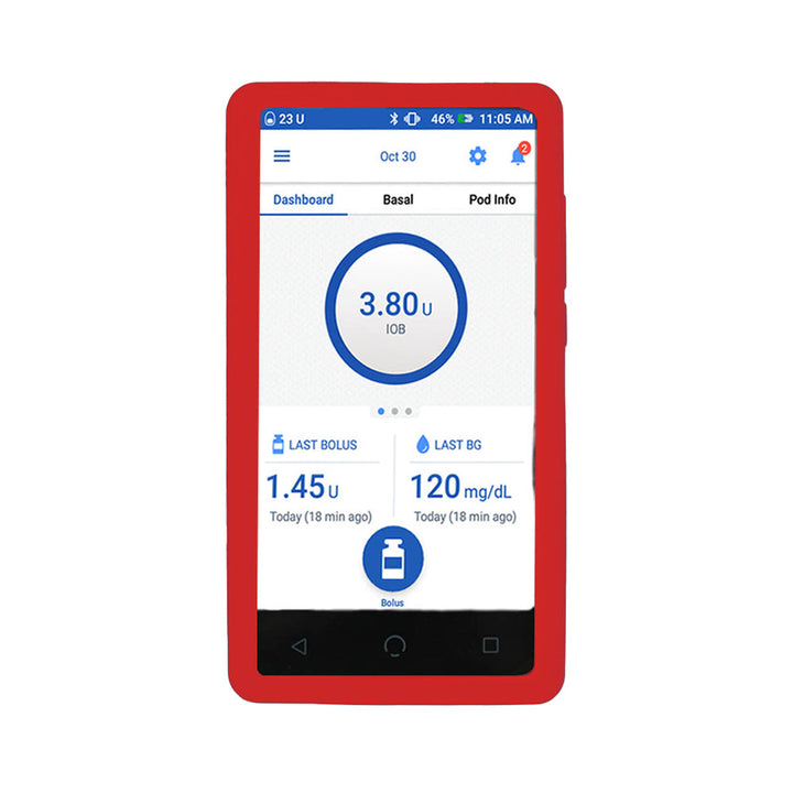Omnipod Dash with a red gel skin on it.