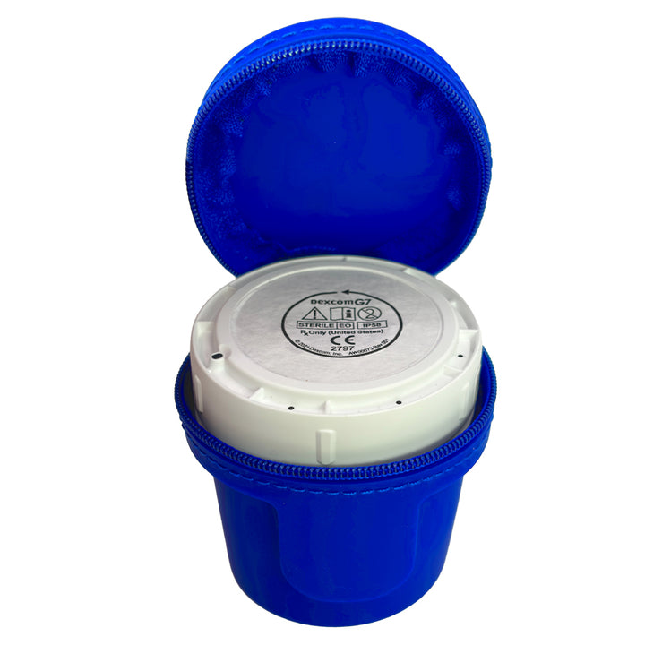 Blue Dexcom G7 Protective Travel Case with Dexcom 7 inserter in it.