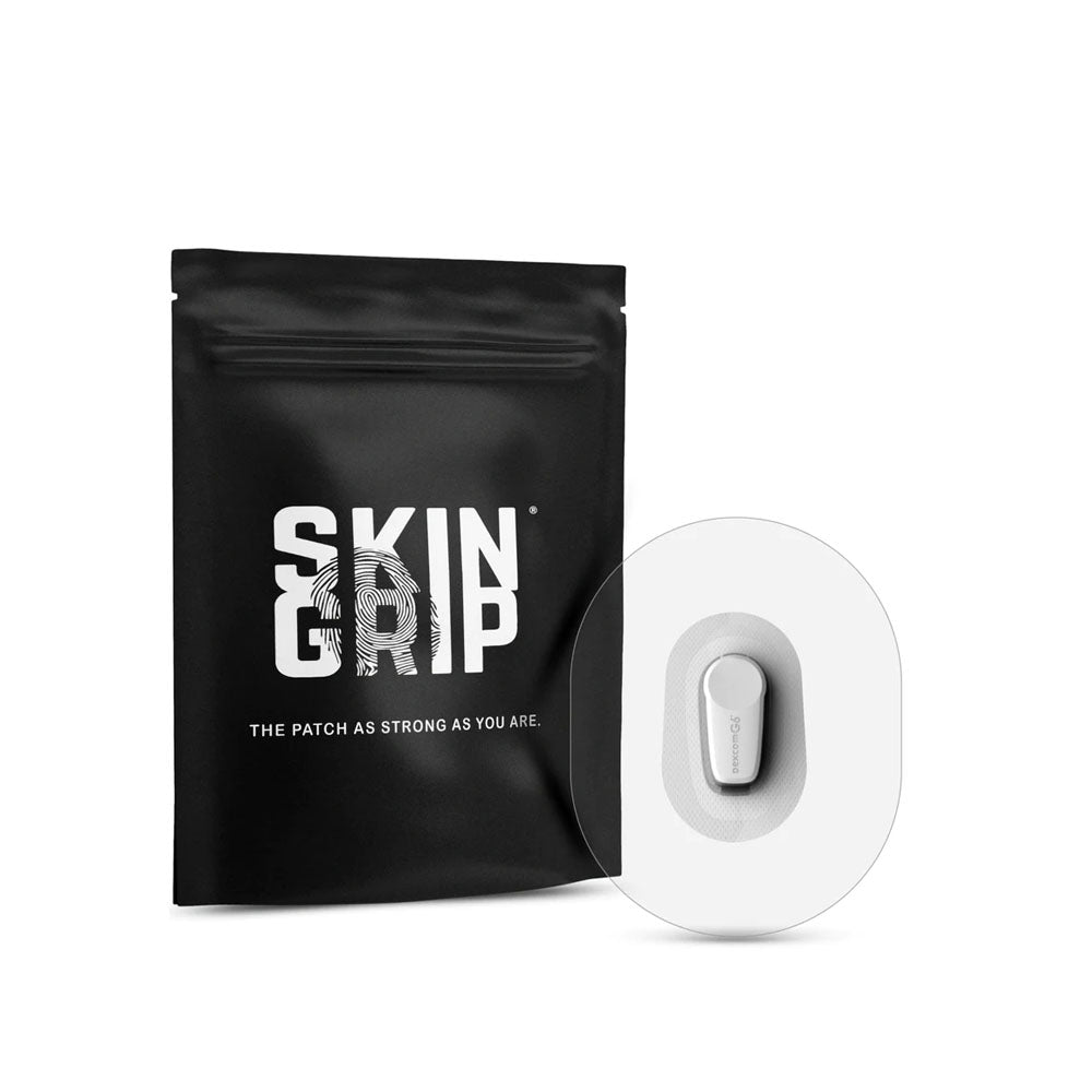 A black package that says Skin Grip containing the 20 adhesive patches and the clear adhesive patch around a Dexcom G6 sensor
