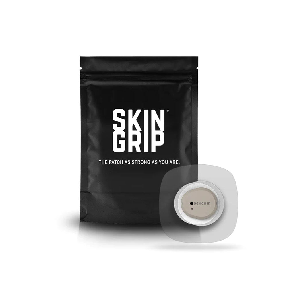 A black package that says Skin Grip containing the 20 adhesive patches and the clear adhesive patch, with a hole, around a Dexcom G7 sensor