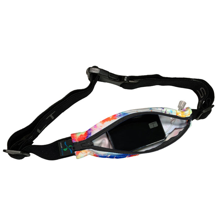 white stretchy waist belt with rainbow tie dye pattern unzipped with insulin pump shown along with tubing coming out of the slit on the back side for easy access.