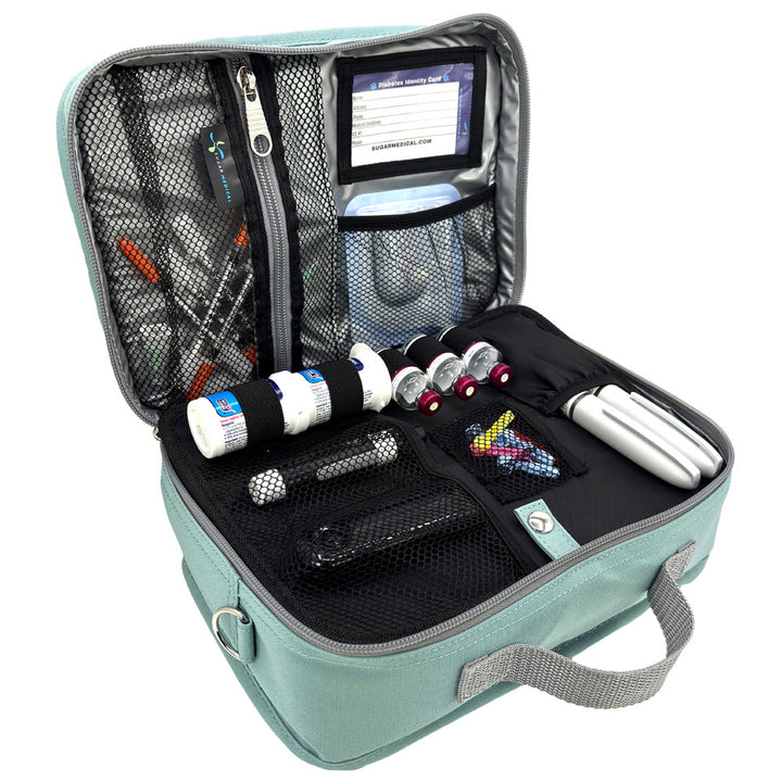 Diabetes Insulated Travel Bag in pink seafoam front section has pockets for glucose meter and lancing device and loops for insulin vials and pocket for insulin pens.