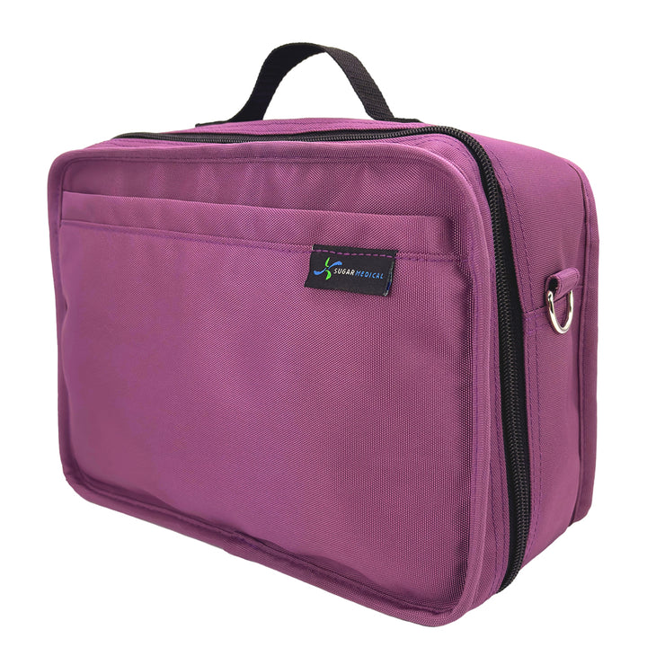 Side of the orchid  insulated diabetes travel bag showing the grey zipper and matching grey handle.