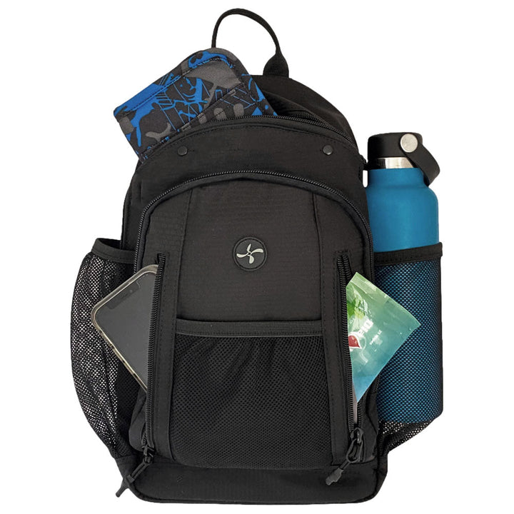 Diabetes Insulated Sling Backpack in black front zippered pocket with Omnipod 5 PDM, insulated back with diabetic supply case and water bottle inside mesh pocket.