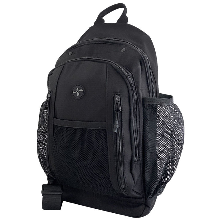Diabetes Insulated Sling Backpack in black side with two main compartments, side mesh pockets and front mesh pockets for medical supplies.