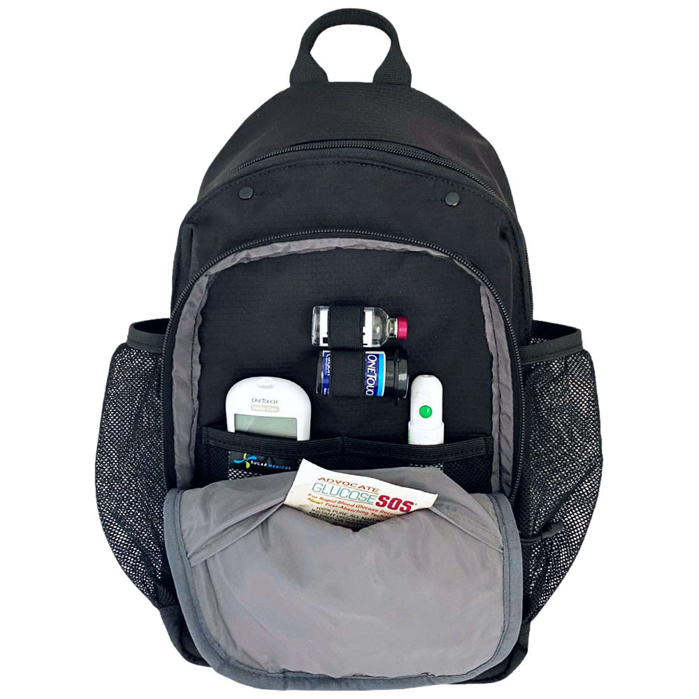 Diabetes Insulated Sling Backpack in black front compartment set up with glucose meter, test strips, insulin vial and lancet.