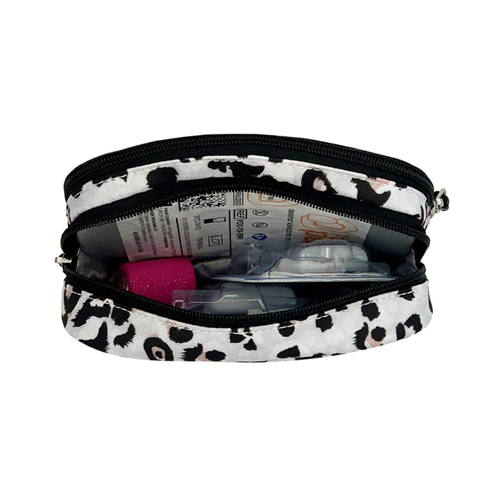 Diabetes Insulated Convertible Belt Bag in light grey leopard print back insulated compartment with Omnipod supplies including extra Pod and Podpals