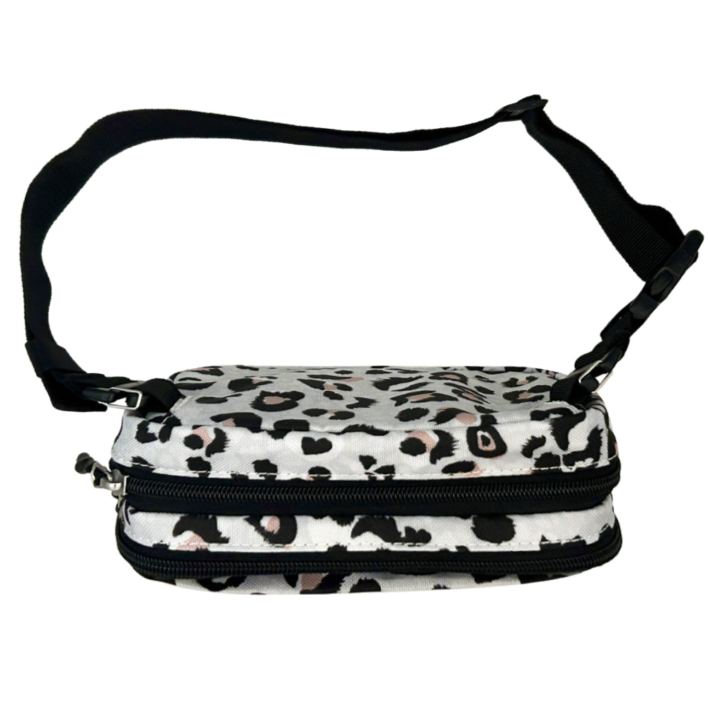Diabetes Insulated Convertible Belt in light grey leopard print strap to wear around your waist or crossbody. 