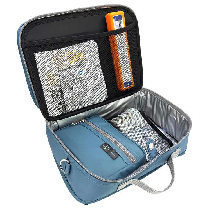 Diabetes Insulated Travel Bag in pink steel blue compartment for a glucagon kit, Omnipod supplies, extra pods, snacks, glucose tablets, and includes a removable pouch.