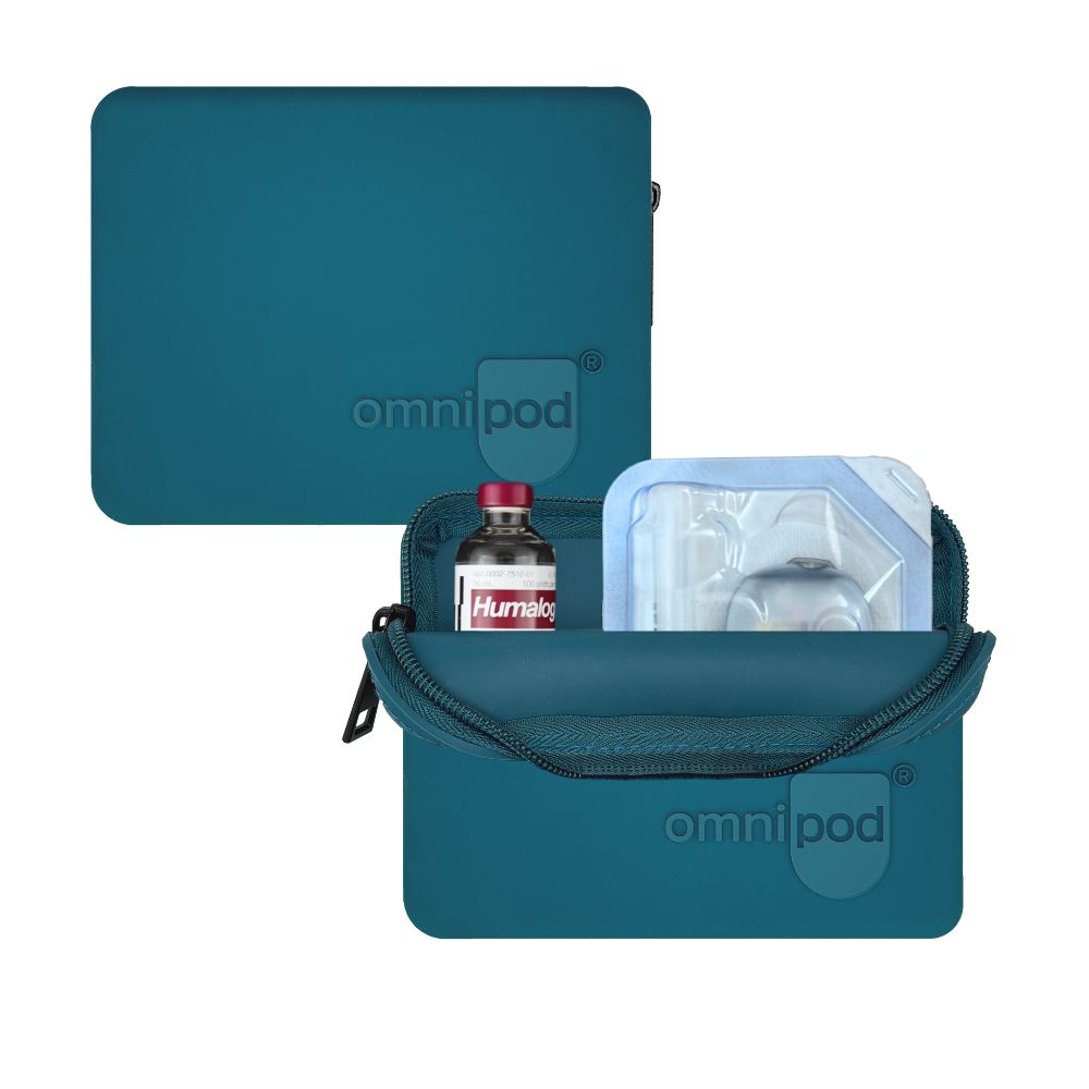 Teal carrying case with insulin pump supplies on a white background