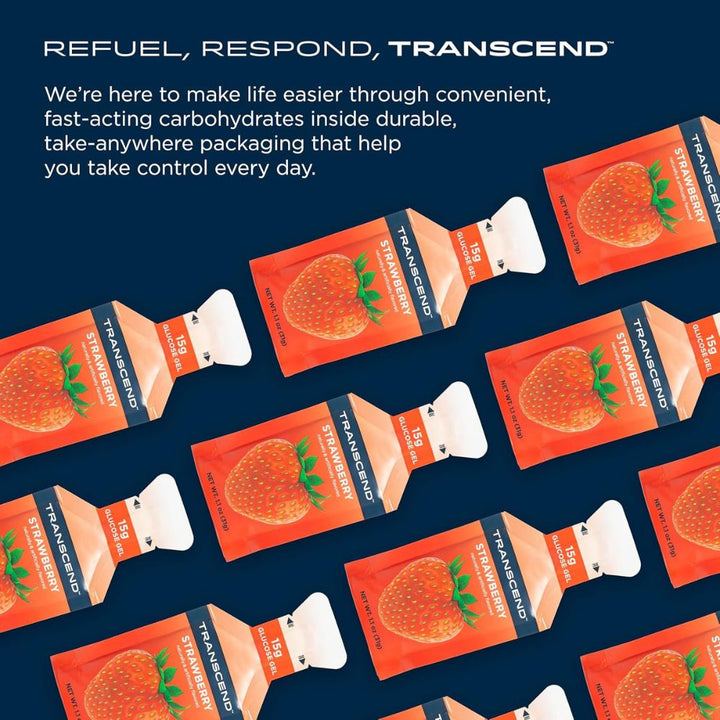 Several packages of Transcend Glucose Gel in Strawberry flavor arranged diagonally across the frame. The bright orange packaging of each gel is visible, with the product name and flavor clearly displayed.