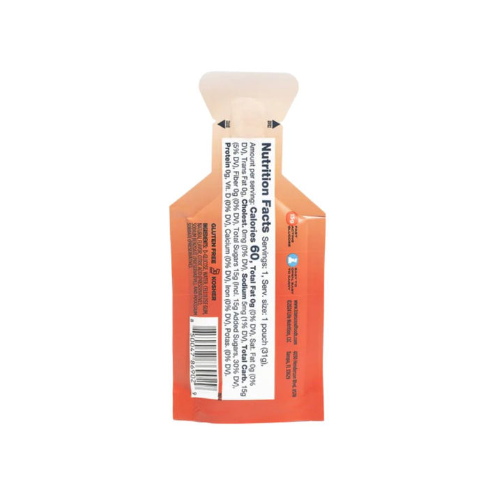 The back of a package of Transcend Glucose Gel in Strawberry flavor features detailed product information, including nutritional facts, ingredients, and usage instructions. There is a section highlighting the gel's quick energy benefits, with a brief description of how to use it. The package also includes contact information for the manufacturer and possibly some safety or storage recommendations.