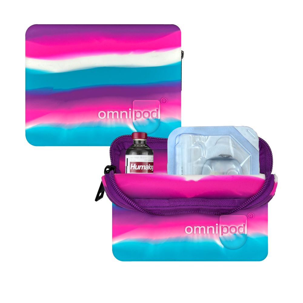 Omnipod insulin and pod carrying case with colorful design on a white background