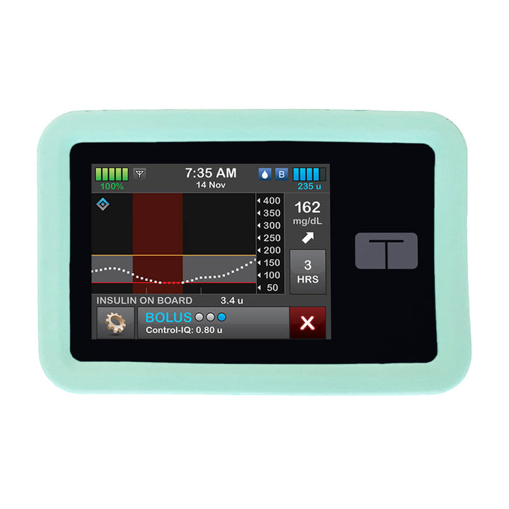 Protect your Tandem pump with the Tandem t:slim Gel Skin in Aqua giving you a full view of the front of the Tandem pump.
