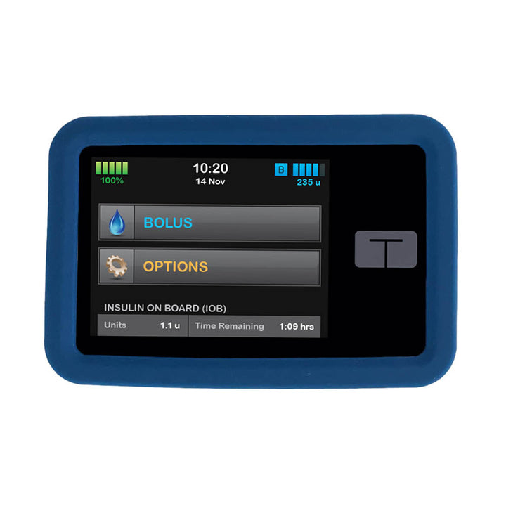 Protect your Tandem pump with the Tandem t:slim Gel Skin in blue giving you a full view of the front of the Tandem pump.