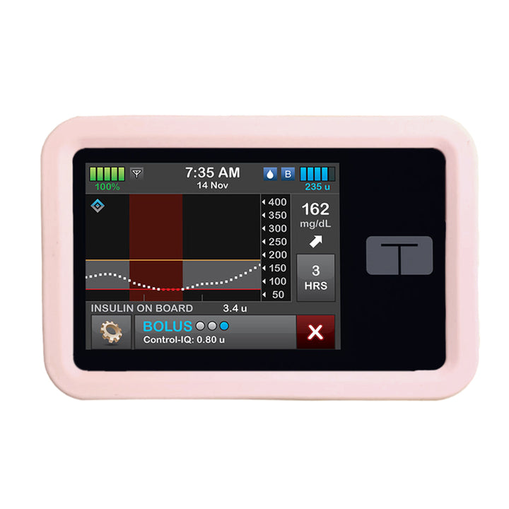 Protect your Tandem pump with the Tandem t:slim Gel Skin in light pink giving you a full view of the front of the Tandem pump.