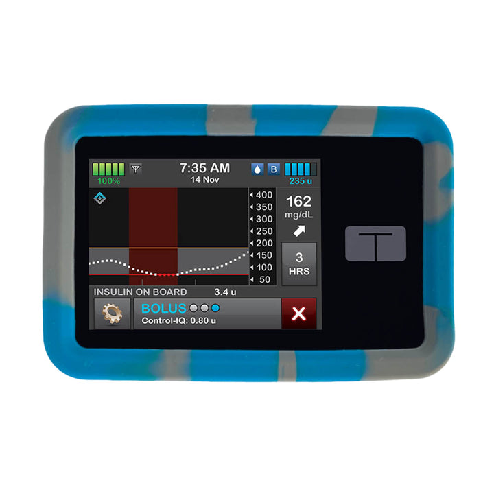 Protect your Tandem pump with the Tandem t:slim Gel Skin in blue and grey giving you a full view of the front of the Tandem pump.