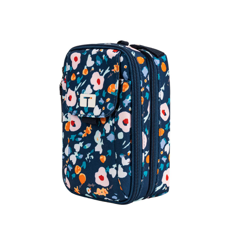 Tandem supply case in blue floral with front pocket, middle compartment, and insulated back pocket for carrying tandem diabetic supplies