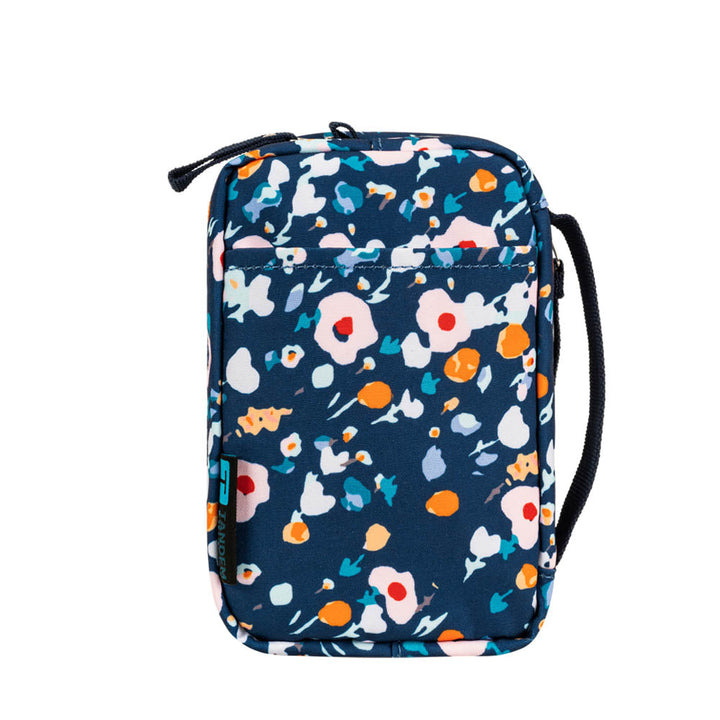Back view of the blue floral tandem supply case with rear pocket and carrying strap on the right side