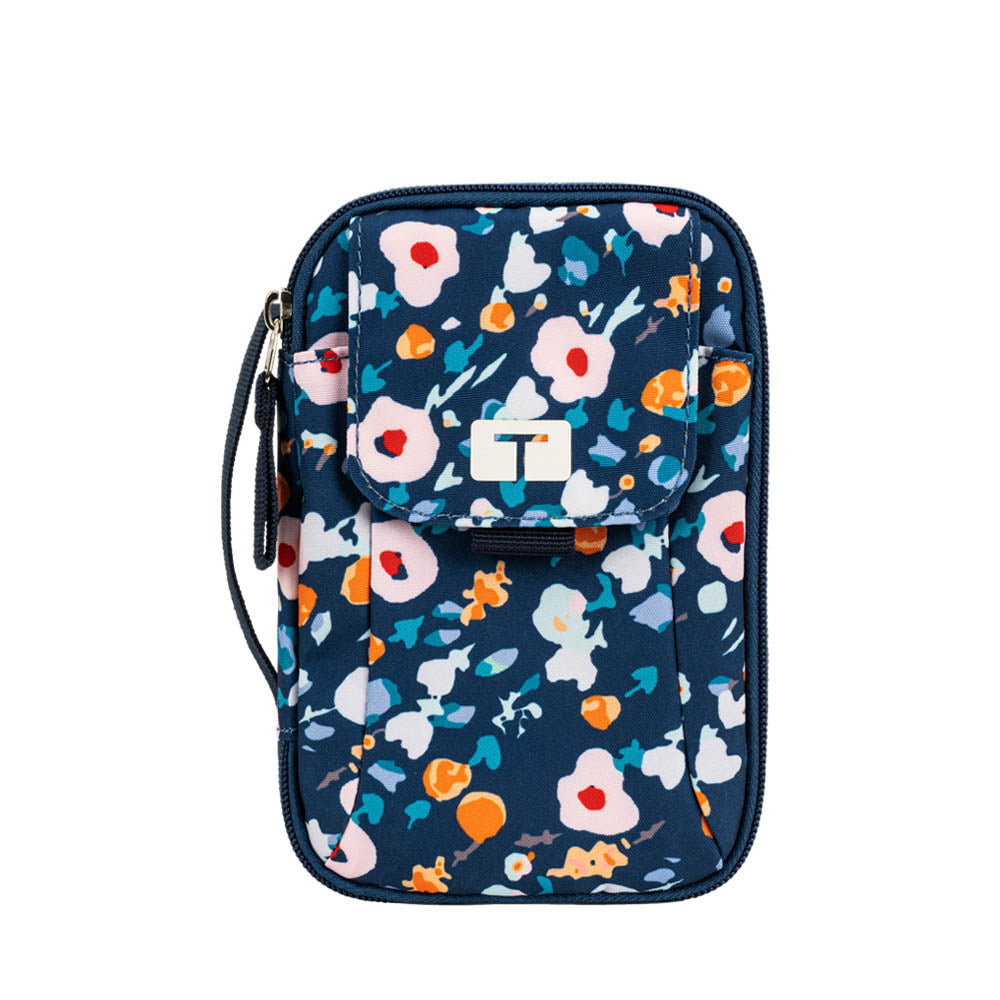 Front view of Hannah tandem supply case that is navy blue with flowers and a carrying strap on the left side