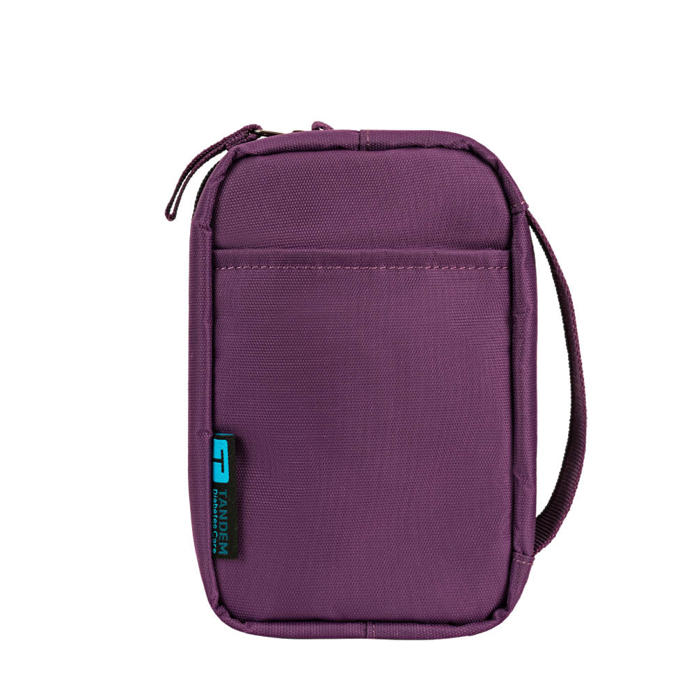 Back view of the deep purple tandem supply case with rear pocket and carrying strap on the right side