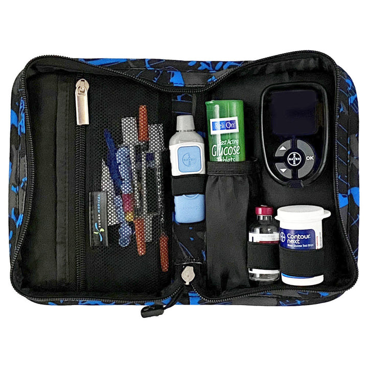 Sugar Medical Diabetes Supply Case II black, blue, and grey splatter pattern inside set up with glucose meter, test strips, lancet, glucose tabs and wipes.