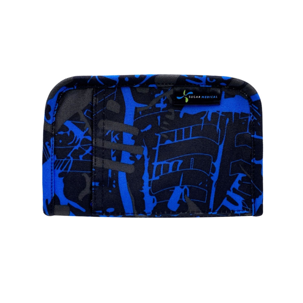 Sugar Medical Diabetes Supply Case II front that is black, blue, and grey splatter pattern. 