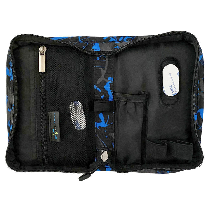 Sugar Medical Diabetes Supply Case II black, blue, and grey splatter pattern inside with pockets and loops to organize your diabetic supplies.