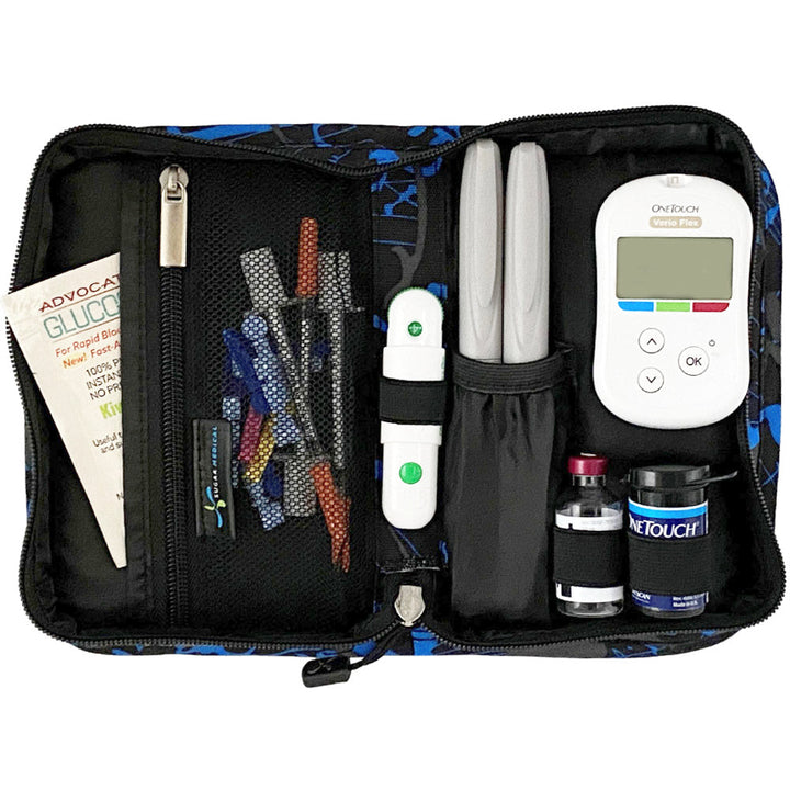 Sugar Medical Diabetes Supply Case II black, blue, and grey splatter pattern inside set up with glucose meter, test strips, lancet, insulin pens and glucose sos.