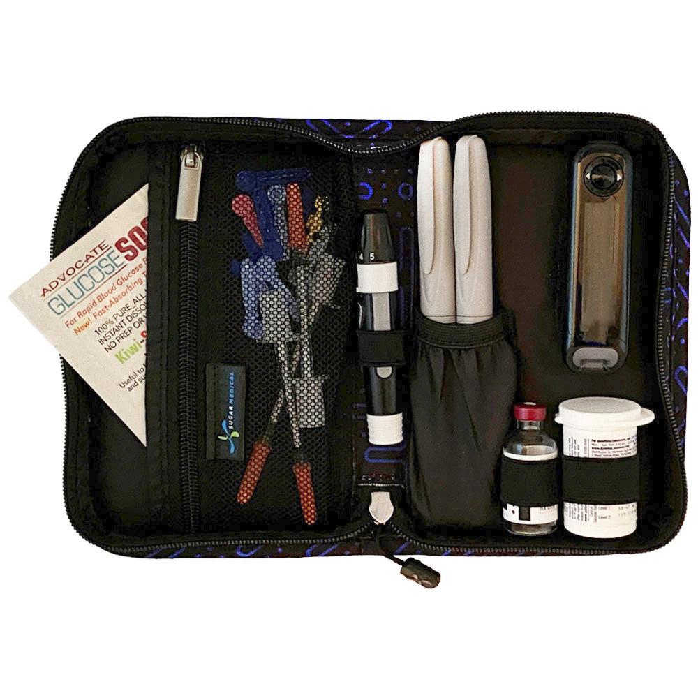 Sugar Medical Diabetes Supply Case II black with blue dot pattern inside set up with glucose meter, test strips, lancet, insulin pens and glucose sos. 