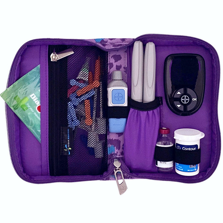 Sugar Medical Diabetes Supply Case II purple with leopard pattern inside set up with glucose meter, test strips, lancet, insulin pens and wipes.