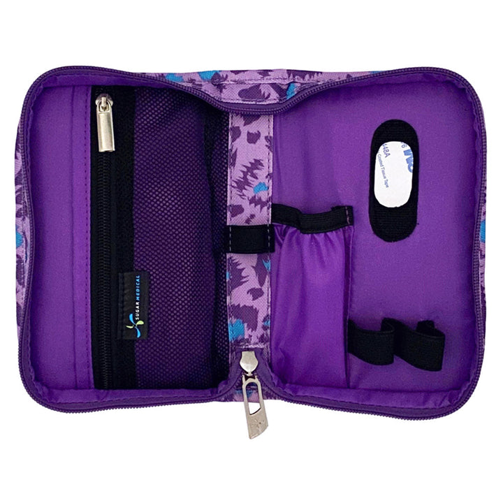 Sugar Medical Diabetes Supply Case II purple with leopard pattern inside with pockets and loops to organize your diabetic supplies.