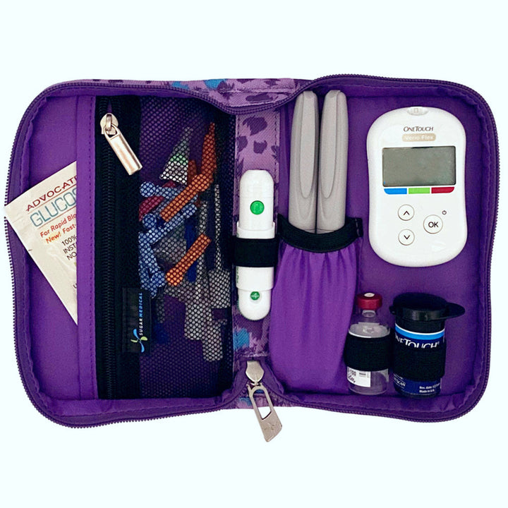 Sugar Medical Diabetes Supply Case II purple with leopard pattern inside set up with glucose meter, test strips, lancet, insulin pens, and glucose sos. 