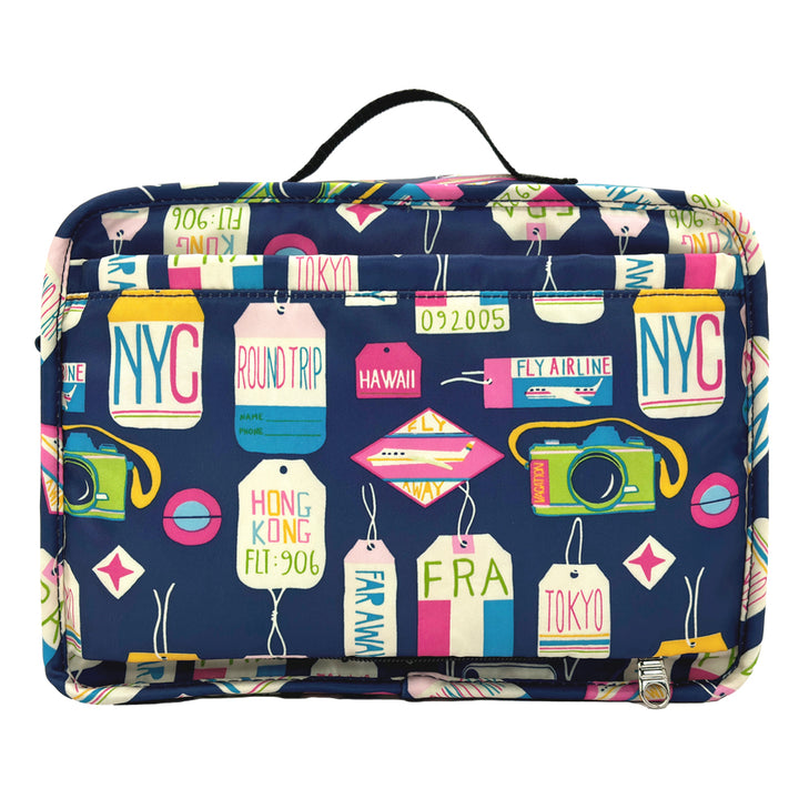 Back of the navy Sugar Medical Insulated Diabetes Supply Travel Bag with colorful travel tags on it.