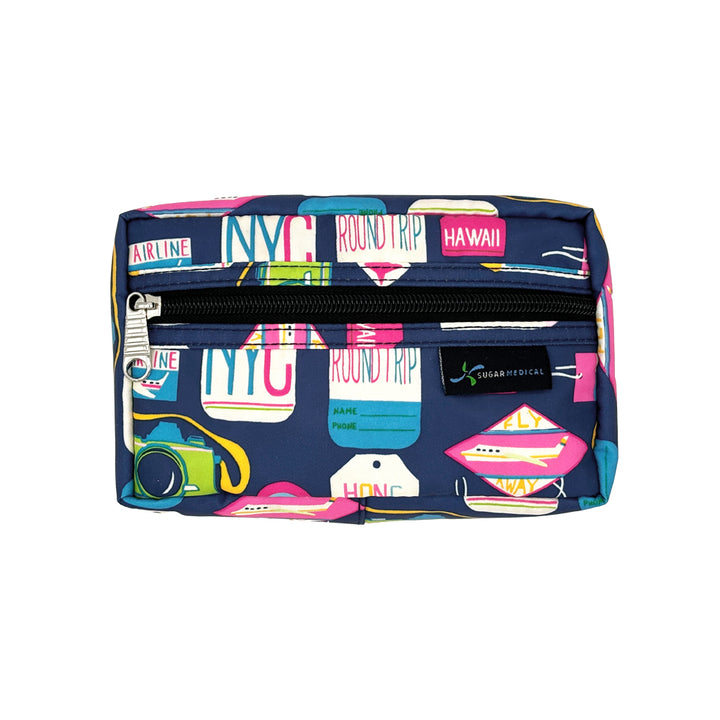 Navy Sugar Medical Insulated Diabetes Supply Pouch with colorful travel tags on it.