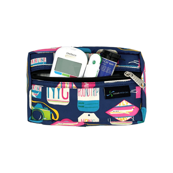 Vaca All Day small insulated pouch with glucose meter, lancet and test strips in it.