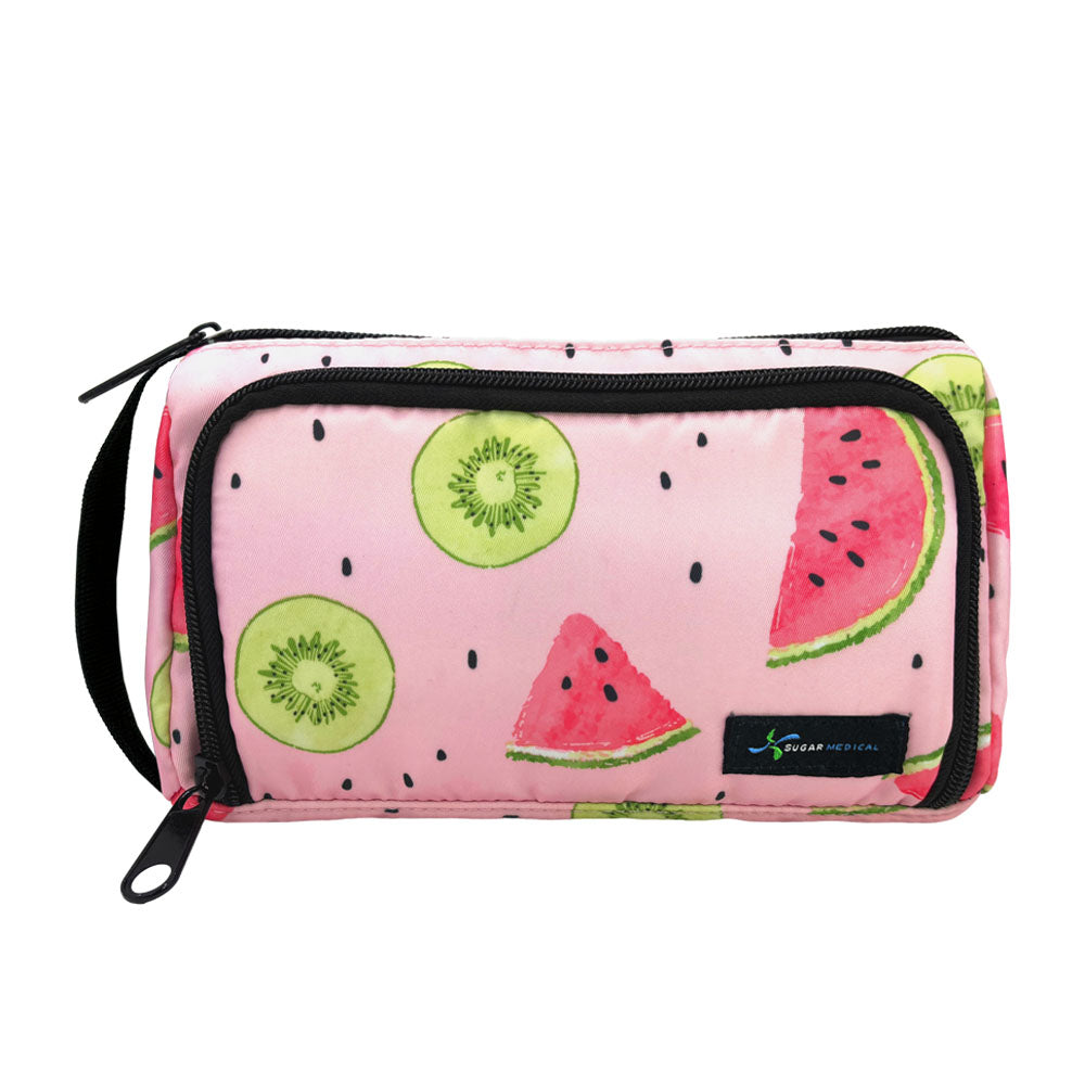 A pink watermelon pattern stylish and lightweight Insulated Diabetes Insulin Supply Case with large, zippered back compartment and front zippered insulated compartment.