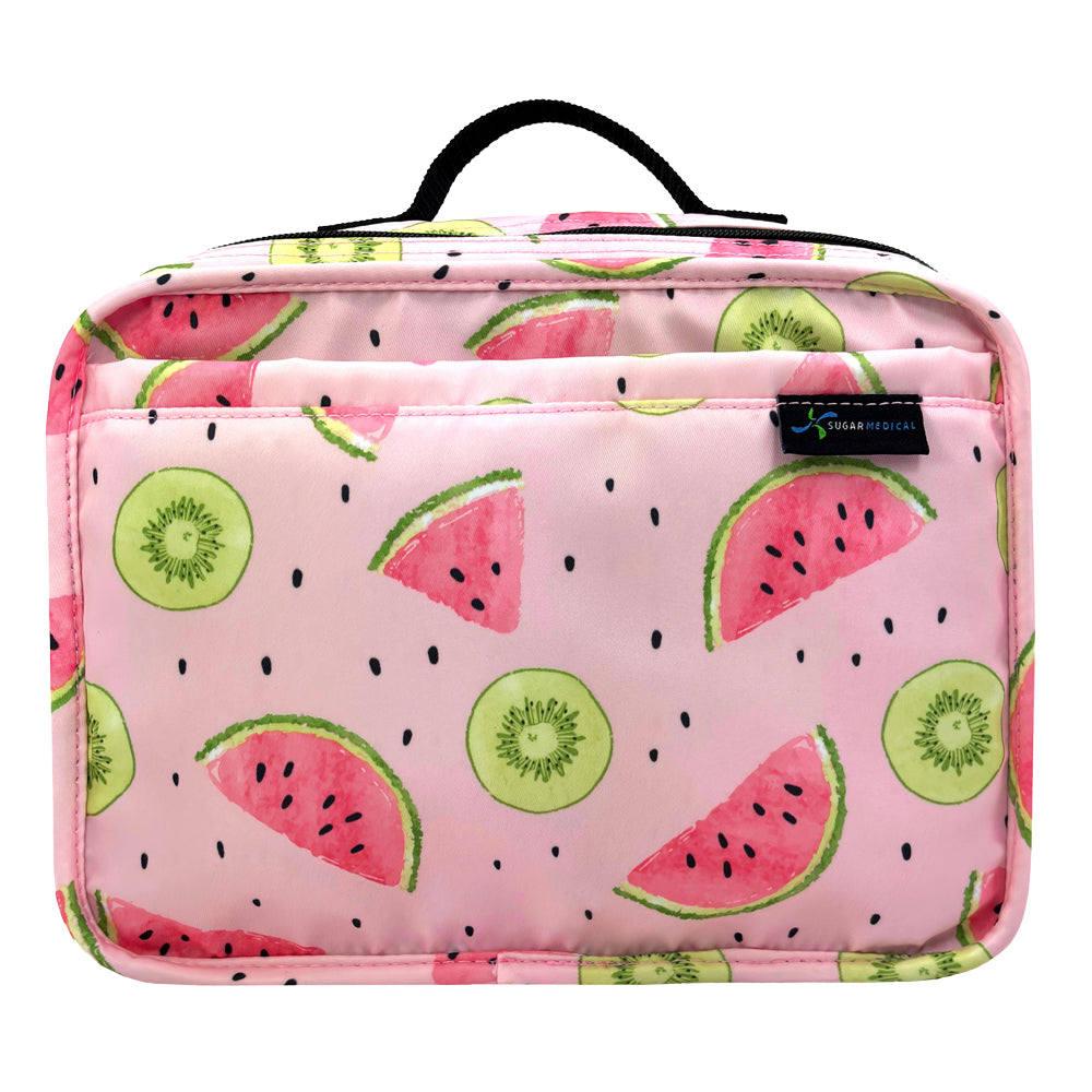 Stay organized with our Diabetes Insulated Travel Bag in pink watermelon by keeping diabetic supplies together and easily visible while traveling.