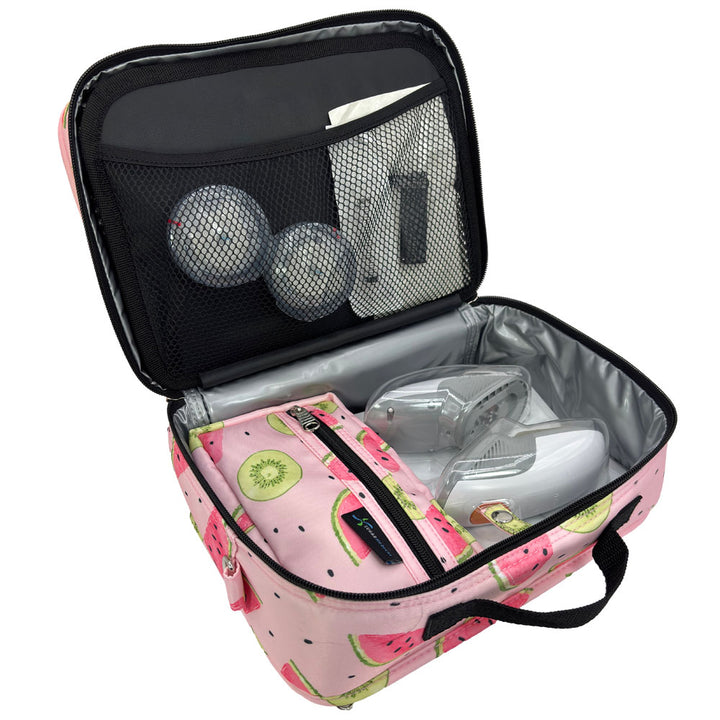 Diabetes Insulated Travel Bag in watermelon back compartment for a glucagon kit, Tandem supplies, Dexcom, snacks, glucose tablets, and includes a removable pouch.