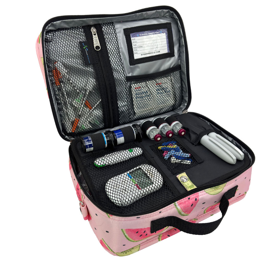 Diabetes Insulated Travel Bag in watermelon front section has pockets for glucose meter and lancing device and loops for insulin vials and pocket for insulin pens.