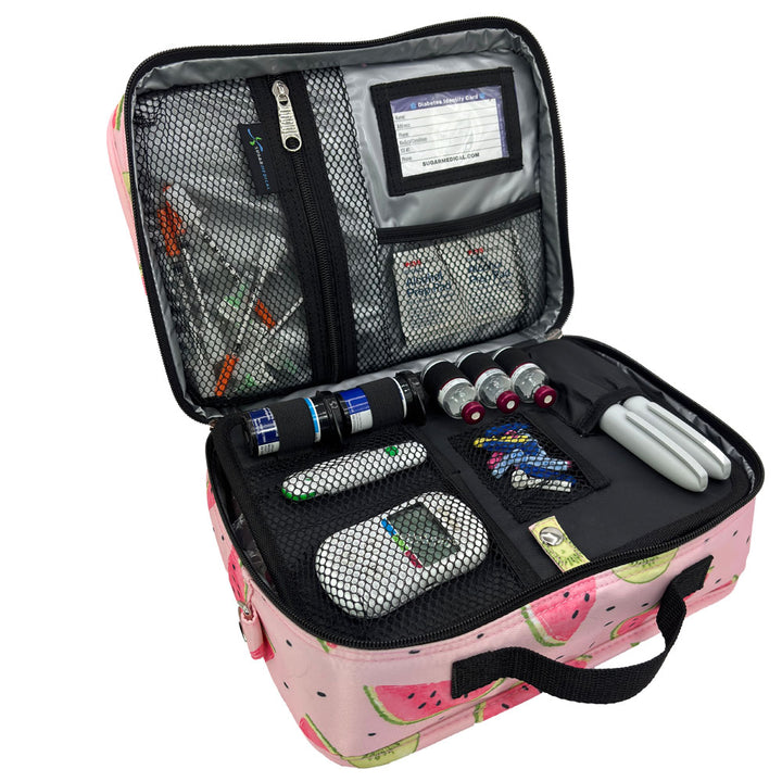 Diabetes Insulated Travel Bag in watermelon front section has pockets for glucose meter and lancing device and loops for insulin vials and pocket for insulin pens.