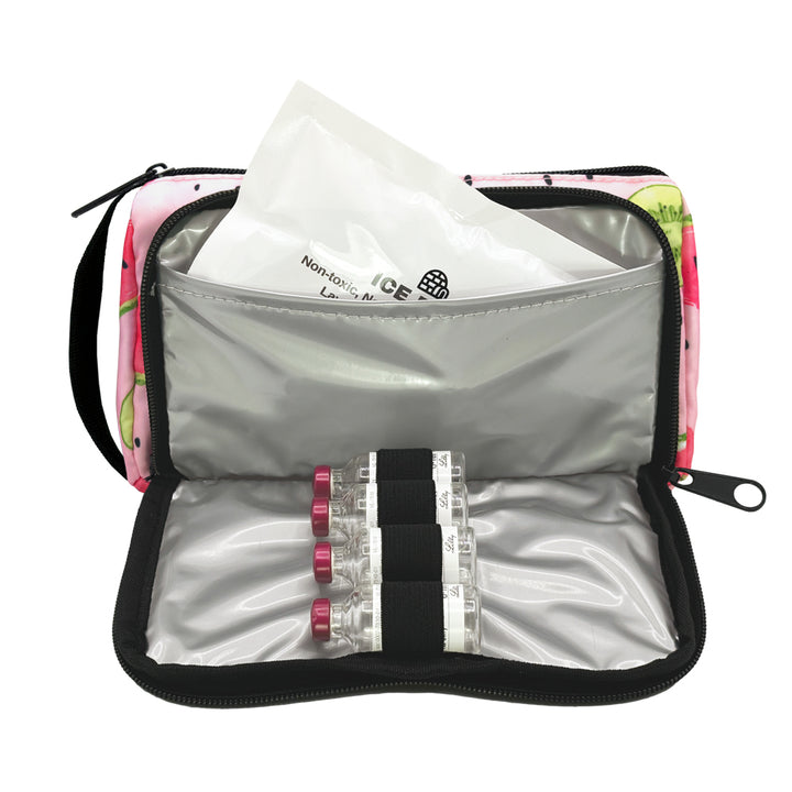 A pink watermelon pattern Insulated Diabetes Insulin Supply Case with insulated pocket open and an ice pack in slip pocket and four insulin vials secured in loops.