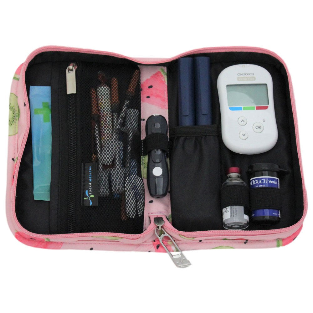 Sugar Medical Diabetes Supply Case II pink with watermelons inside set up with glucose meter, test strips, lancet, insulin pens and wipes.