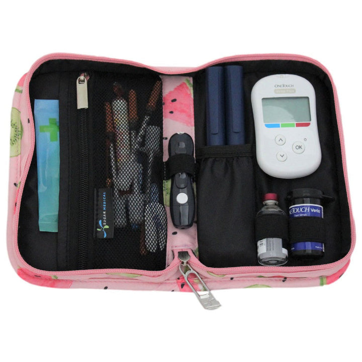 Sugar Medical Diabetes Supply Case II pink with watermelons inside set up with glucose meter, test strips, lancet, insulin pens and wipes.