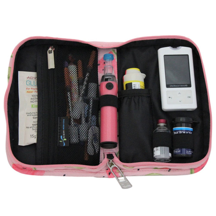 Sugar Medical Diabetes Supply Case II pink with watermelons inside set up with glucose meter, test strips, lancet, glucagon and glucose sos.