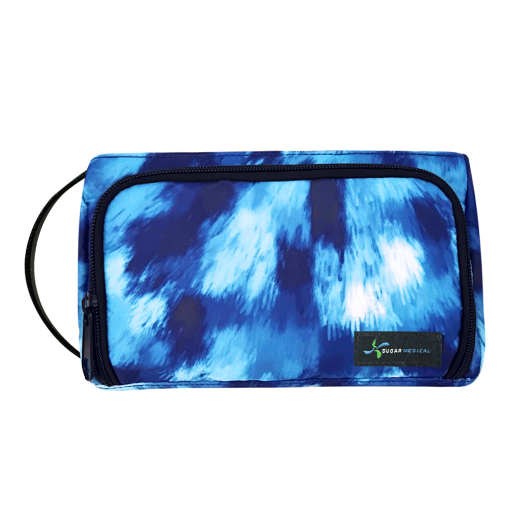 A blue wave pattern stylish and lightweight Insulated Diabetes Insulin Supply Case with large zippered back compartment and front zippered insulated compartment.