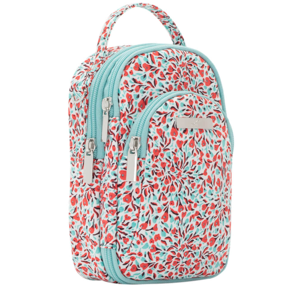 Closed Triple Zip diabetes purse in a beautiful floral of white, dark pink, and teal.