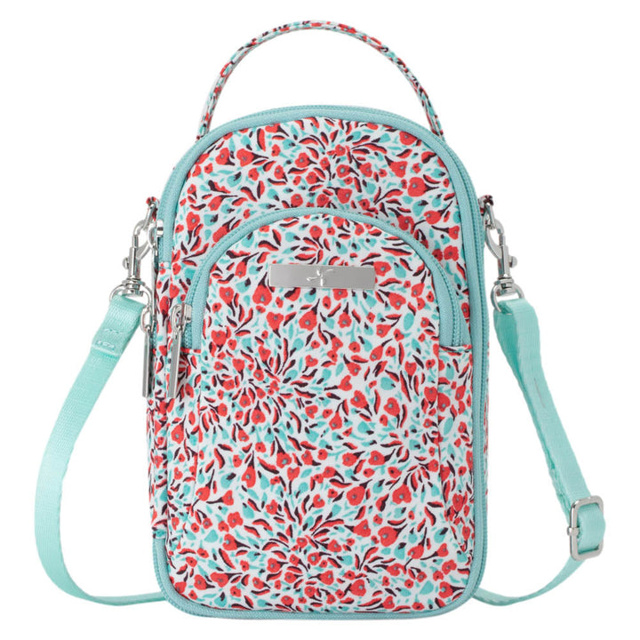 Front of floral diabetes insulated purse with adjustable aqua purse strap. 
