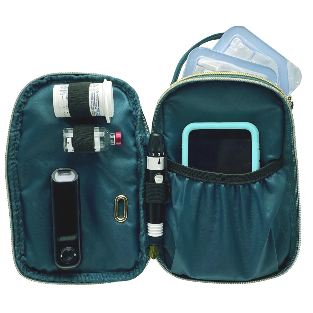 Meredith diabetes purse with Omnipod controller in nylon pocket and testing supplies in elastic loops. Insulated back pocket showing more supplies.